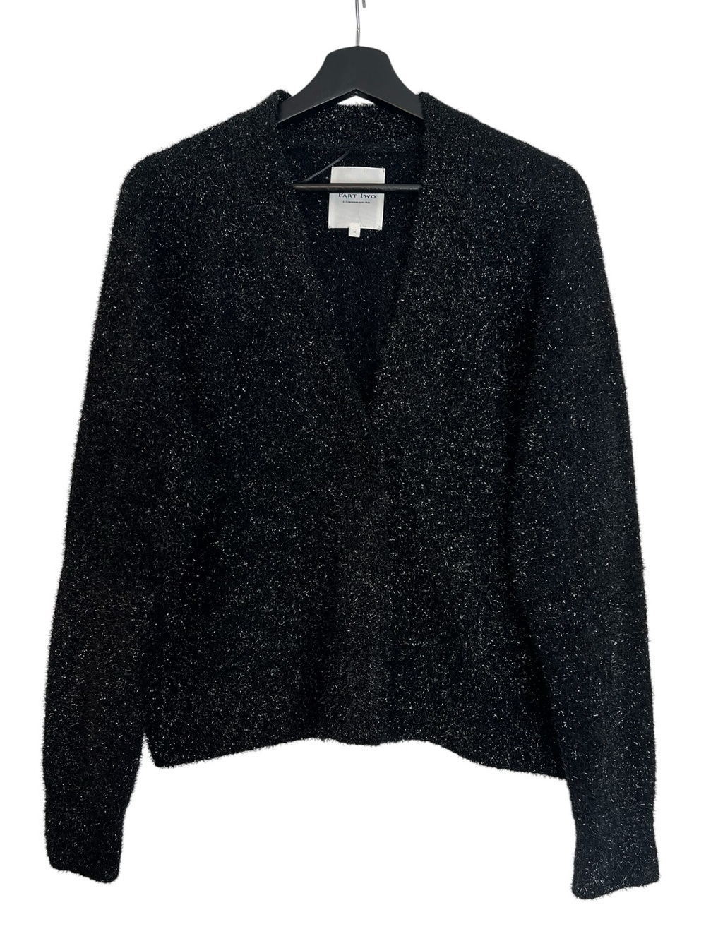 Part Two Sparkle Fluffy Cardigan Sweater Black Silver Metallic Size Medium Glam